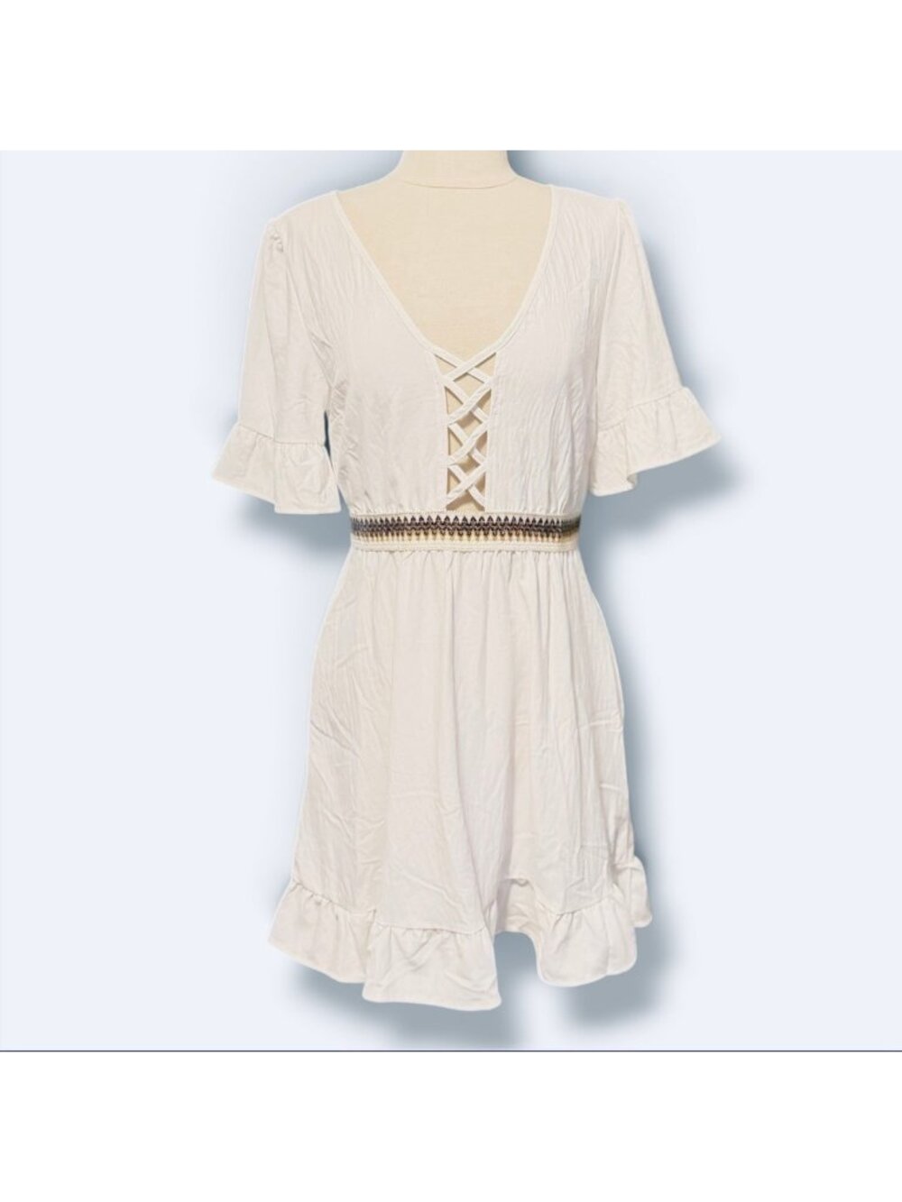 Small White Ruffled Linen Boho Short Sleeve Lace Up V Neck Mini Dress Pockets